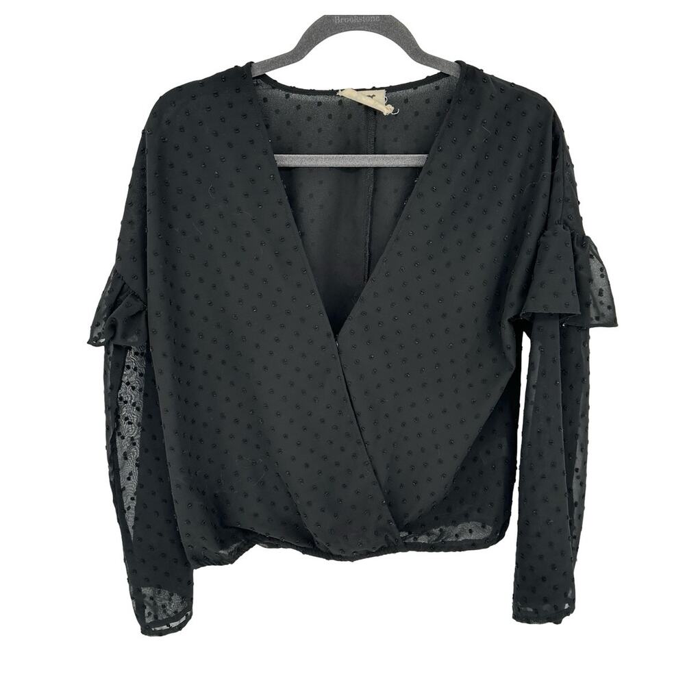 PPLA Jayce Black Swiss Dot Surplice Wrap Top Size S Long Sleeve Ruffle EUC